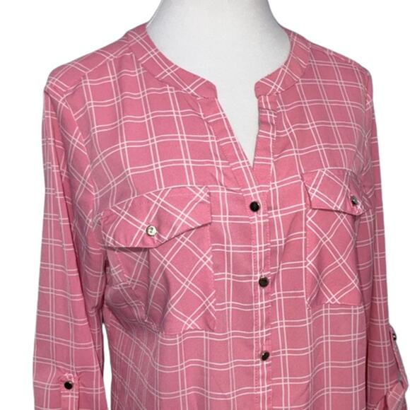 NY Collection Pink 3/4 Long Sleeve Plaid Button Front Top Size Large - Picture 6 of 13